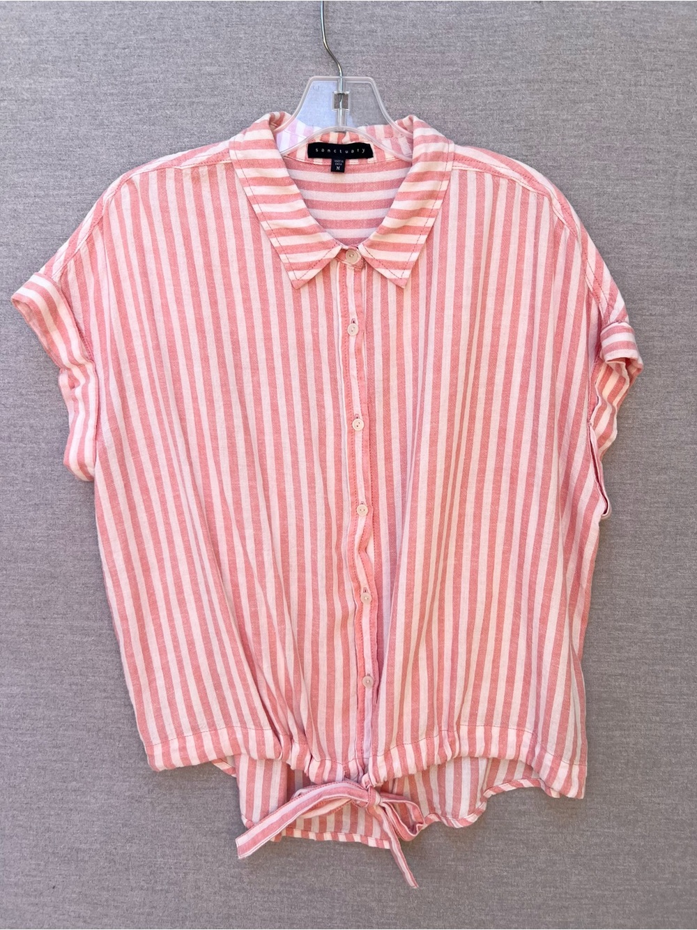 Sanctuary Coral and White Striped Button-Front Tie-Hem Shirt